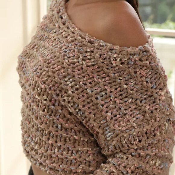 Khaki Multicolor Chunky Knitted Short Pullover Sweater - Picture 4 of 4